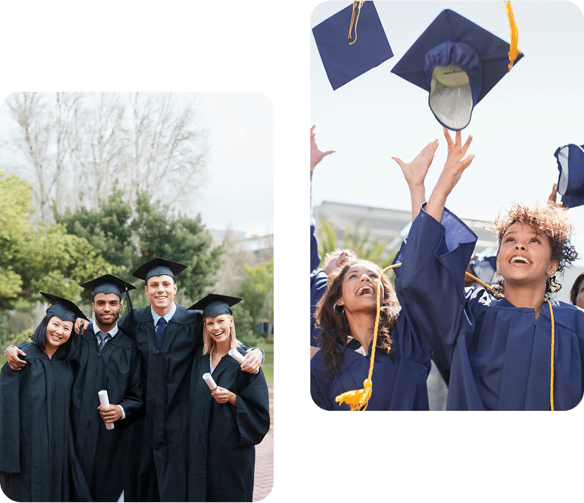 Graduates in caps and gowns celebrating outdoors with diplomas.