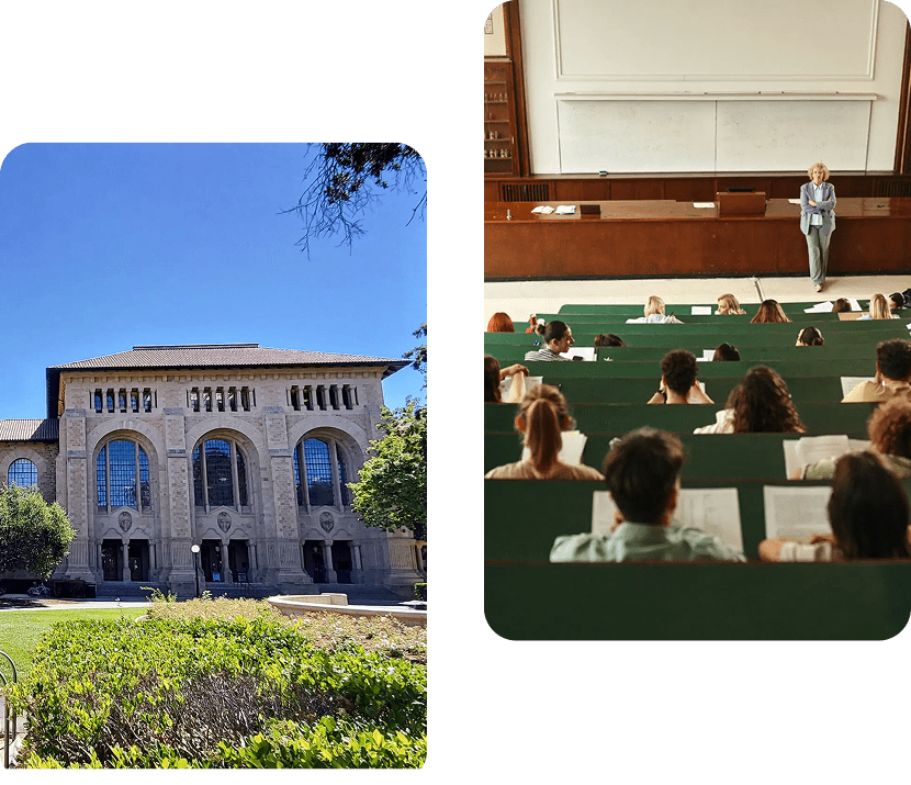 Historic university building with clear blue sky.