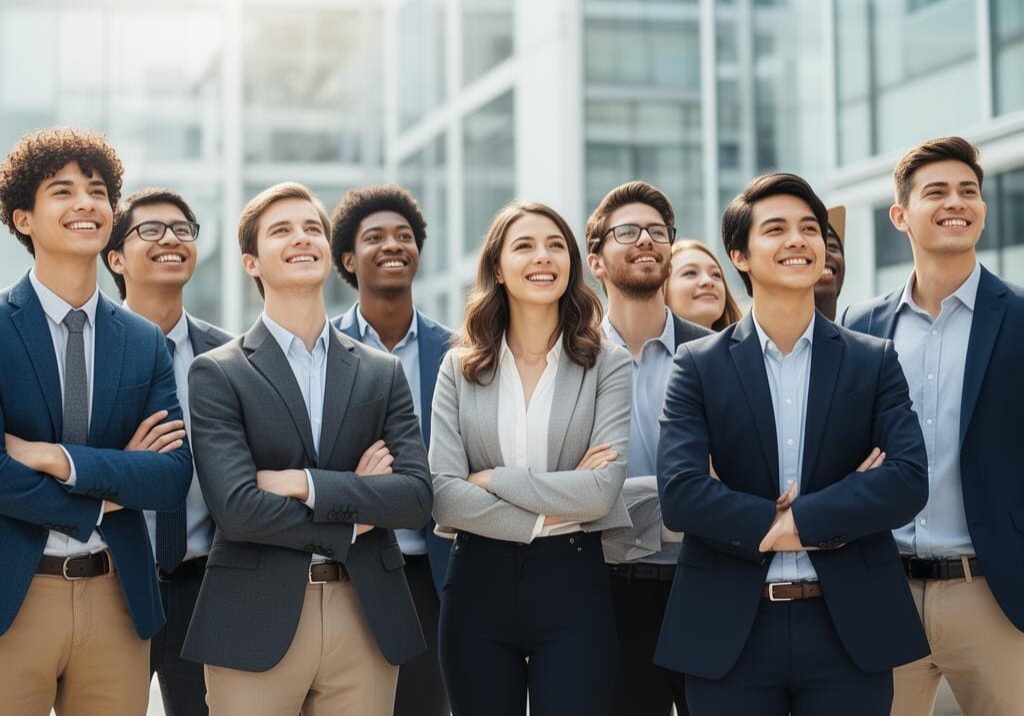 Diverse business team standing confidently outside a modern office building.